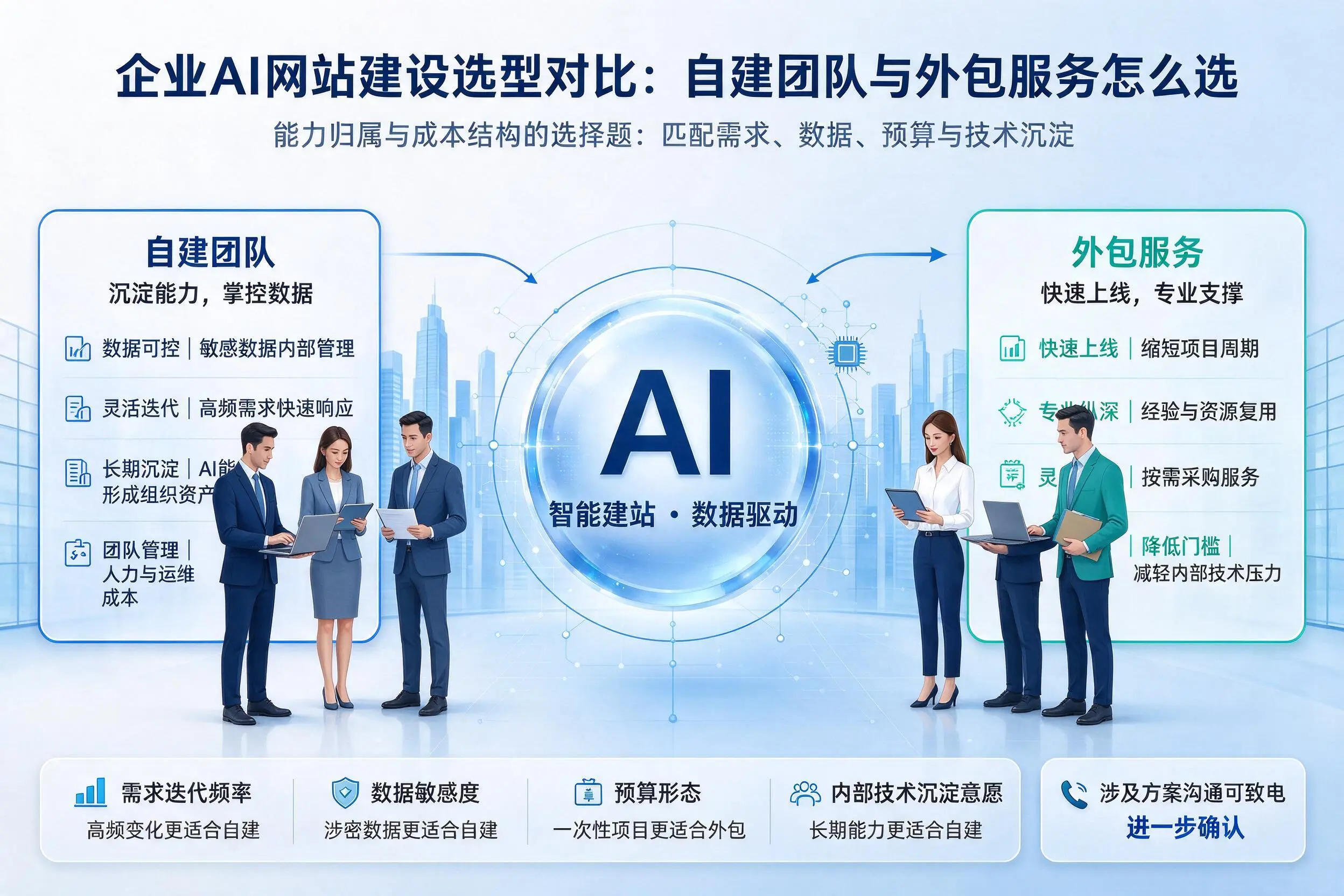 琼海企业AI网站建设选型对比:自建团队与外包服务怎么选